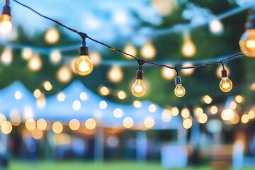 Decorative outdoor string lights illuminate a festive summer gathering, creating a warm and inviting atmosphere for social events and celebrations in the evening sky.