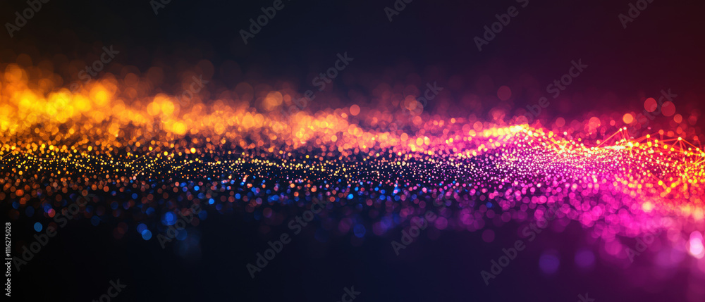 Poster a vibrant, abstract depiction of colorful particles flowing in waves, creating an enchanting visual 