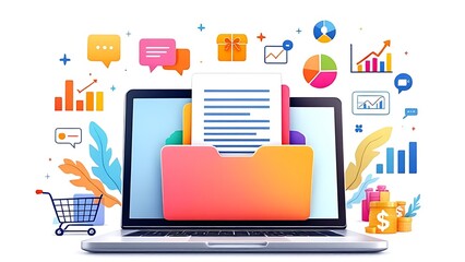 3D rendering of online shopping and data analysis elements on white background. Concept of technology, commerce, and analytics