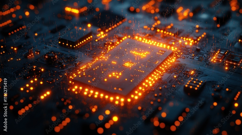 Aufkleber close-up of a glowing computer chip on a circuit board.