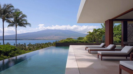 Fototapeta premium Luxury resort with infinity pool overlooking ocean and mountains, surrounded by palm trees and lush greenery.