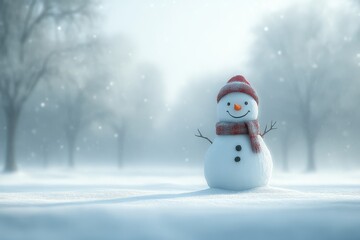 Obraz premium Happy snowman wearing gloves and scarves standing in snow with fog, surrounded by snow-covered trees, creating a joyful Christmas atmosphere.