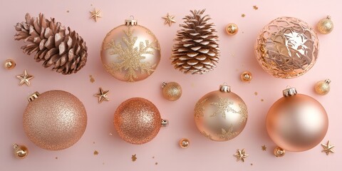 Fototapeta premium Gold baubles and snowflake on beige background
