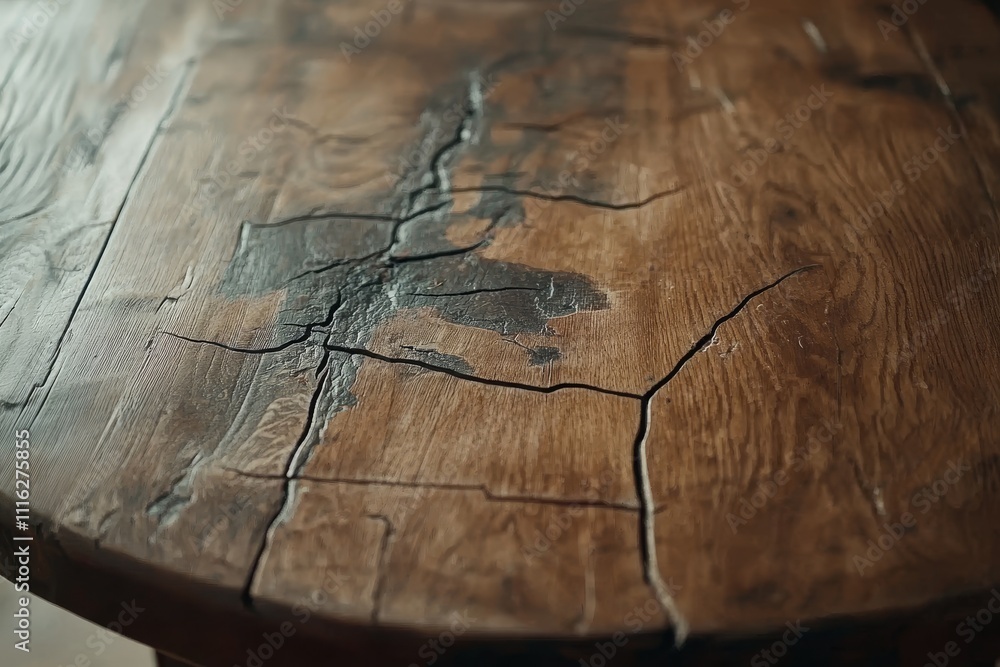 Poster detailed close-up of rustic wooden table surface with unique grain patterns and natural cracks highl