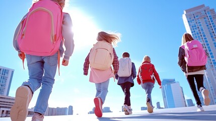 Group of diverse children with backpacks walking outdoors in a modern urban setting, sunny day, AI