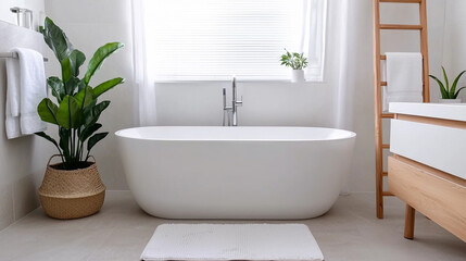 Fototapeta premium Modern bathroom with freestanding tub and lush indoor plants, creating a serene and minimalist retreat for relaxation and rejuvenation.
