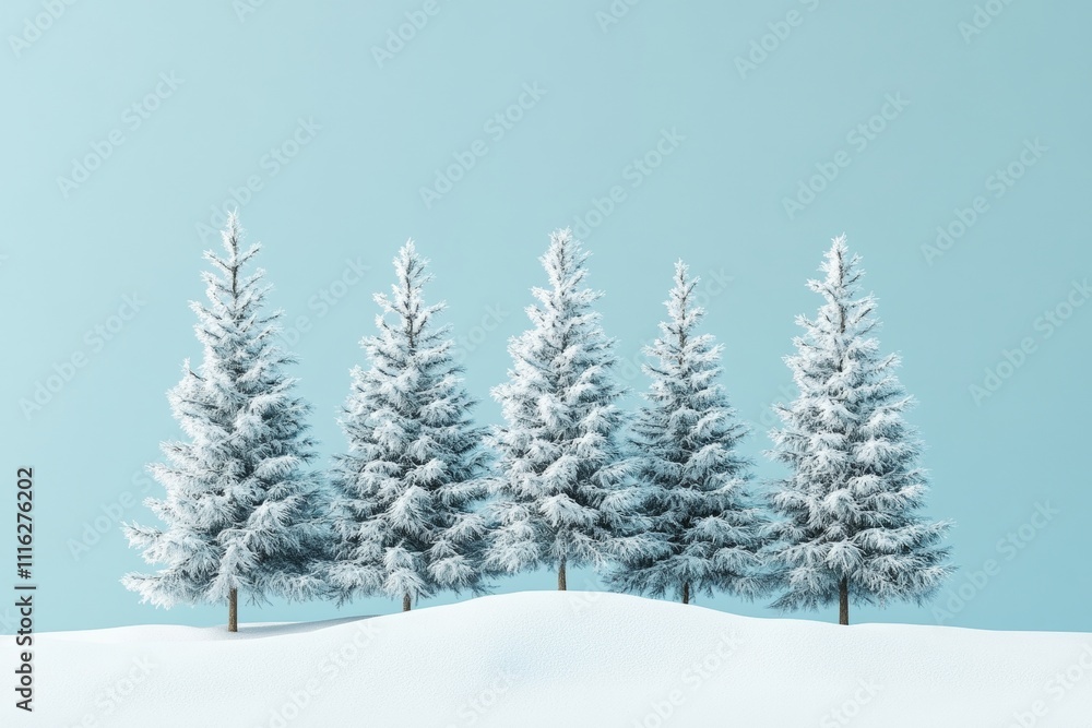 Poster five pine trees blanketed in snow on a snowdrift with a simple blue backdrop in 3d render