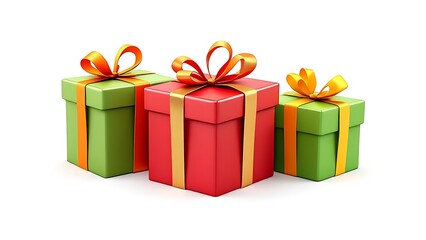 Fototapeta premium Three gift boxes with golden ribbons on a clean white background. Concept of Christmas and celebration. 3D Rendering