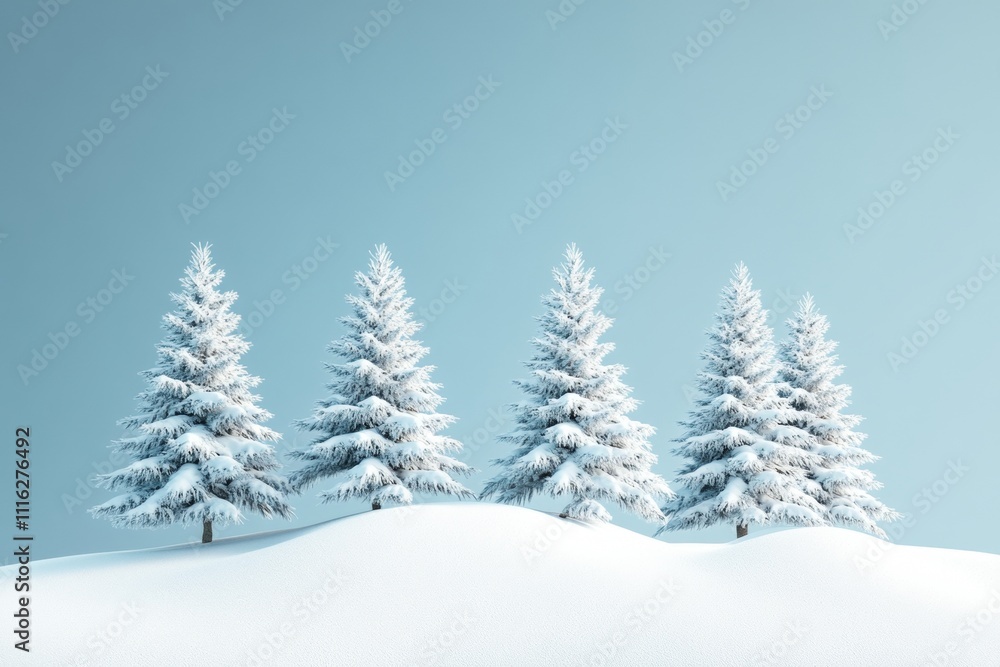 Poster five snow covered pine trees on a snowdrift with a simple blue background in 3d rendering