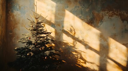 Fototapeta premium An eco-friendly Christmas tree casts intricate shadows on a textured wall, creating a warm and inviting atmosphere in a cozy interior space. The natural decor enhances the festive spirit and seasonal