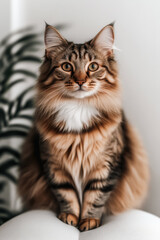 Obraz premium An adorable English Gray British Shorthair, looks at the camera with an innocent cute expression,