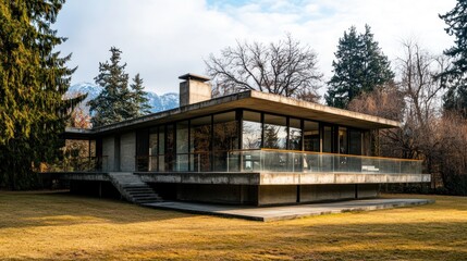 Modern Concrete House Amidst Wooded Landscape