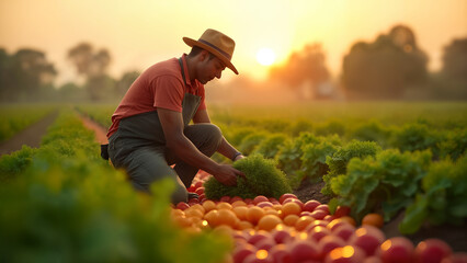 A Dedicated Farmer Collecting the Harvest in a Bright and Colorful Vegetable Field