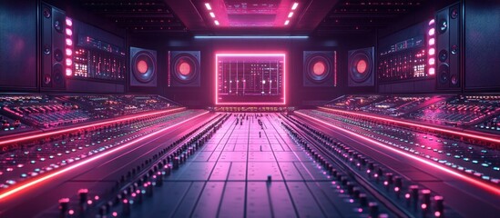 Obraz premium Neon lights illuminate a modern recording studio with a sound mixer console in the foreground and large speakers in the background.