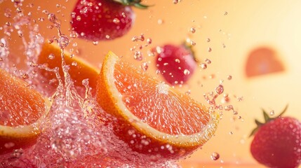 Grapefruit and strawberries splashing in water