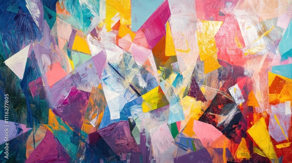Poster an abstract painting with fragmented, colorful shapes that resemble light passing through a prism.