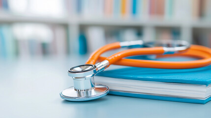 Orange stethoscope resting on a blue book in a medical office with a blurred background, representing healthcare and education.
