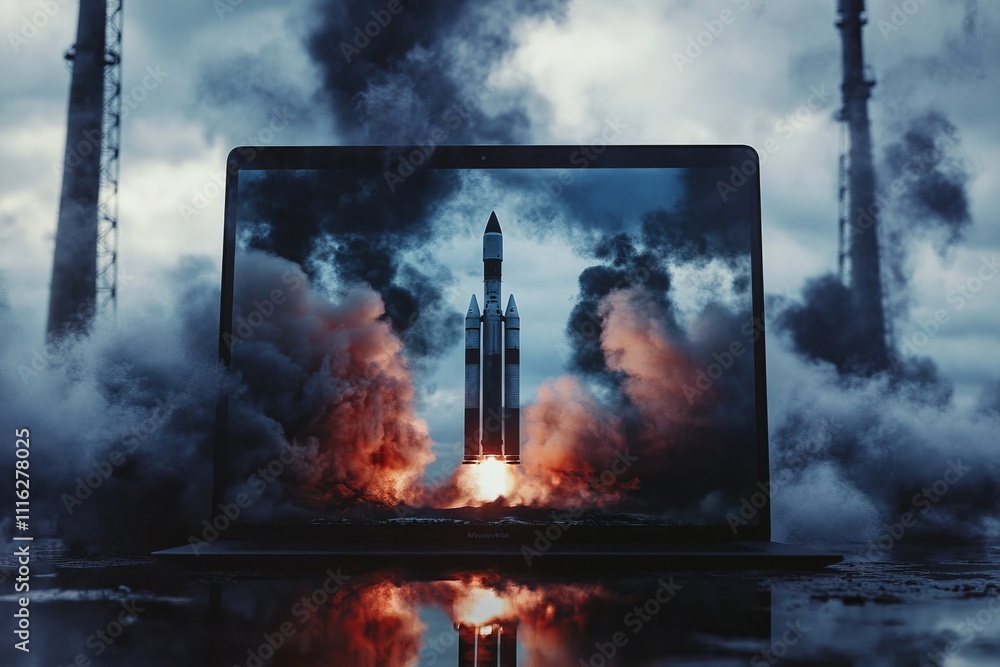 Poster dynamic rocket launch displayed on laptop screen with smoke and launch pad in background, creating a