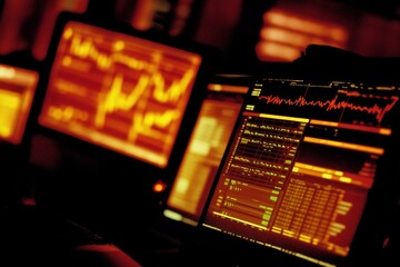Dynamic Visualization of Financial Trends on Multiple Screens in a Modern Trading Environment with Red and Orange Tones Highlighting Activity and Data Analysis