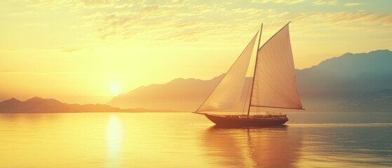 Fototapeta premium A sailboat glides serenely across a golden sea during sunset, capturing the essence of freedom and tranquility at sea.