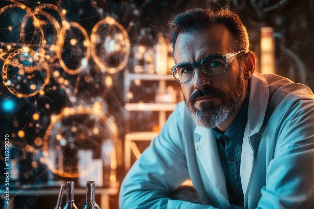 Aufkleber scientist conducting research in a laboratory with glowing elements and complex visuals