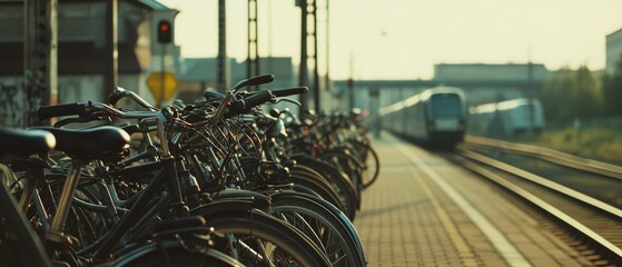 Rows of parked bicycles line a train platform as a distant train approaches under warm, golden light.