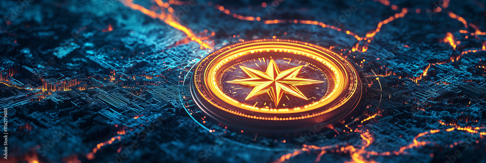 Poster a glowing compass icon hovering over a digital map with interactive data layers, representing online