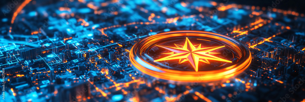 Poster a glowing compass icon hovering over a digital map with interactive data layers, representing online