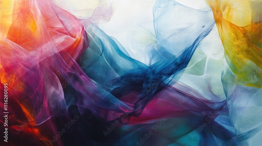 Poster an abstract painting with layers of translucent color and hidden shapes, creating a sense of depth a