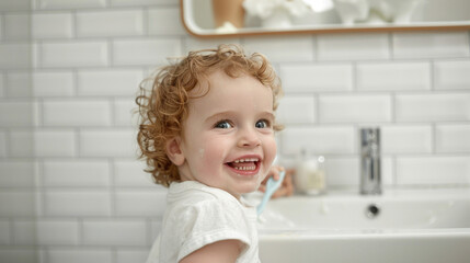 Fototapeta premium Dental care, health awareness, and early brushing routines for kids. Kid child diligently cleaning their teeth, promoting good oral hygiene habits