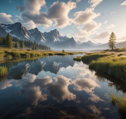 Fototapeta premium serene alpine lake in a wetland with reflection of clouds in its water, misty conditions, still water