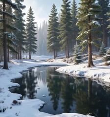 Snowy forest landscape with a frozen pond and pine trees in winter, snow forest, wintery scene, frosty morning