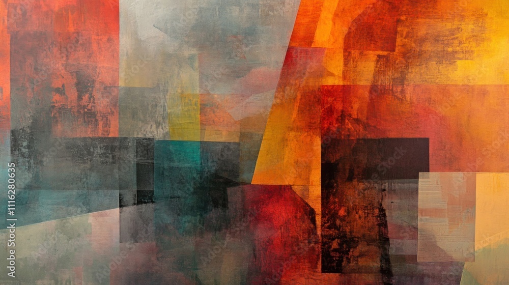Poster an abstract painting with layers of translucent color and hidden shapes, creating a sense of depth a