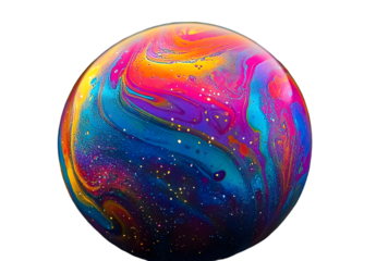 Close up macro photograph of the psychedelic rainbow of colors mixing and swirling in a soap bubble to look like a fantasy galaxy or planet isolated against a black background
