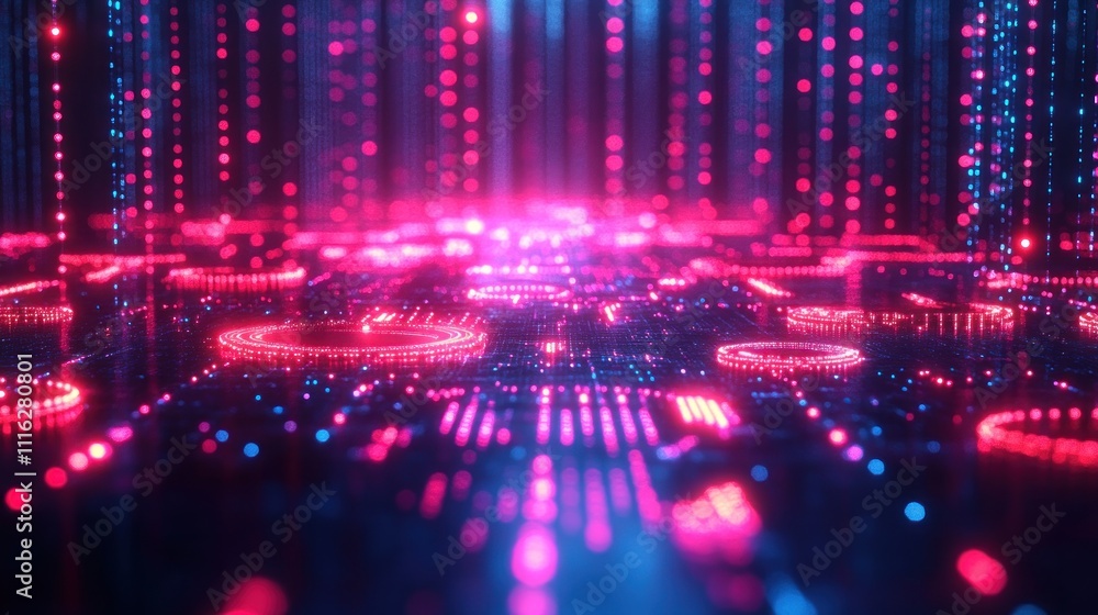 Poster abstract futuristic glowing digital background with lines and circles in pink and blue.