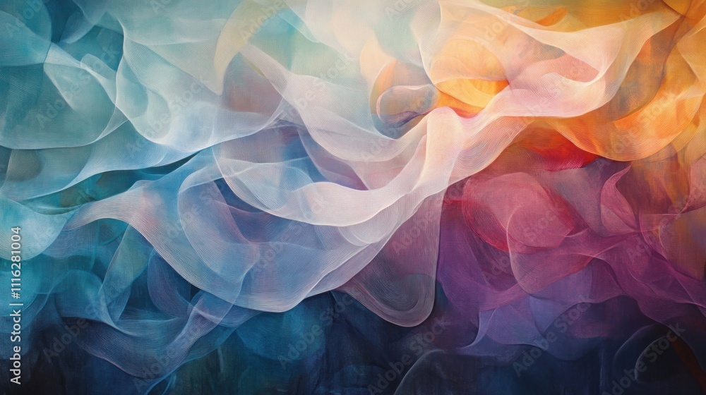 Poster an abstract painting with layers of translucent color and hidden shapes, creating a sense of depth a