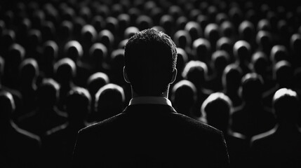 Obraz premium Silhouetted man facing an audience in a dramatic black and white setting, symbolizing leadership and influence.
