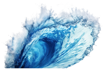 A dramatic blue ocean wave crashing down, displaying powerful energy and a stunning contrast between the deep blue water and the white foam generated upon impact.