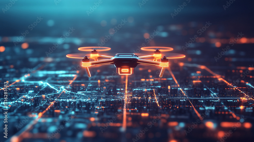Poster a glowing drone icon with a digital map interface, flying over a city grid with data overlays for lo