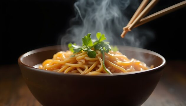 Taz&oacute;n de fideos humeantes con palillos sobresaliendo y vapor elev&aacute;ndose en un ambiente c&aacute;lido