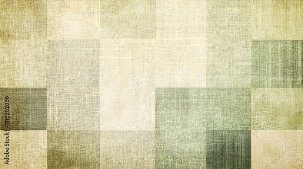 Poster a minimalist, muted pixel pattern in soft green and beige tones, arranged into a symmetrical grid fo