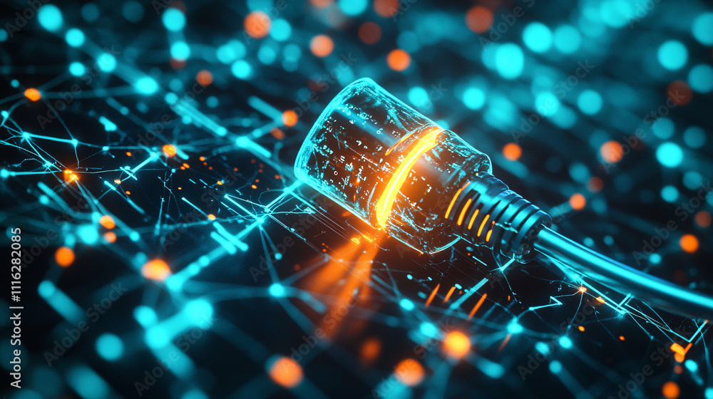 Aufkleber a glowing electric plug icon connected to a web of data streams, symbolizing smart energy grids and 