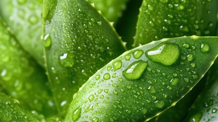 Close-up of dew drops on lush green leaves.