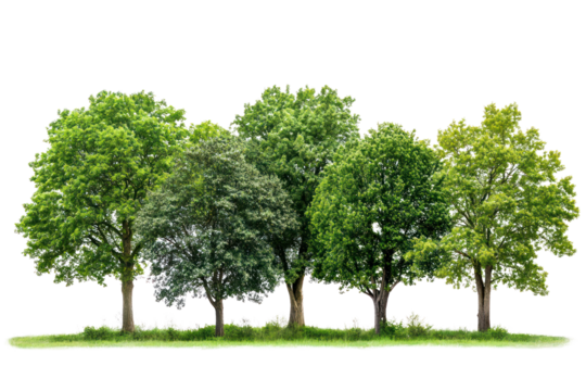 A diverse collection of lush green trees including a tall oak, a slender birch, and a wide-canopied maple, showcasing their varying shapes and textures. 