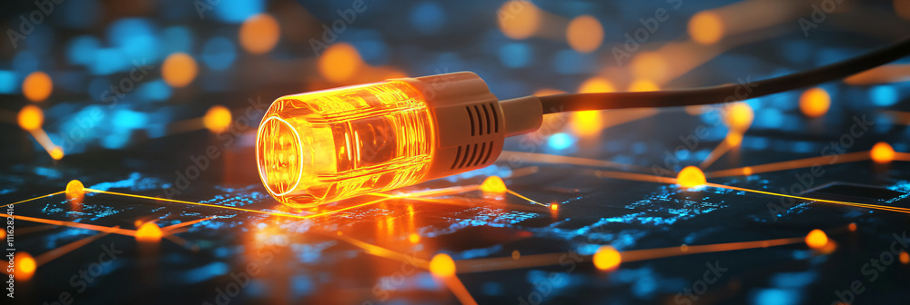 Poster a glowing electric plug icon connected to a web of data streams, symbolizing smart energy grids and 