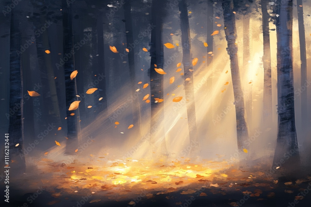 Poster enchanted forest with gentle sunlight streaming through trees and fallen leaves creating a dreamy at