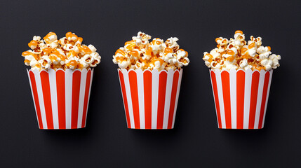 Three striped popcorn buckets on a black background, inviting and ready for movie night snacking. Enjoy the classic taste of fresh popcorn.