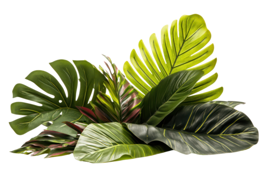 A diverse arrangement of vibrant tropical foliage including various species of palms and oversized leaves, designed to evoke the essence of a jungle