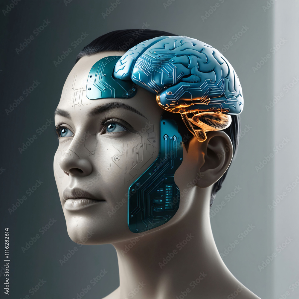 Poster artificial intelligence and human-like features blend in a futuristic design showcasing a cyborg's b