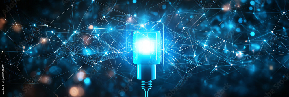Poster a glowing electric plug icon connected to a web of data streams, symbolizing smart energy grids and 